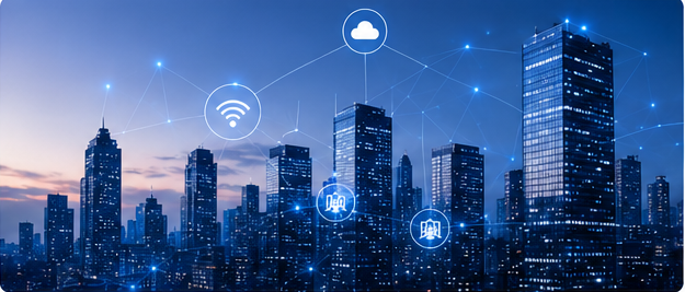 Smart city skyline with IoT connectivity